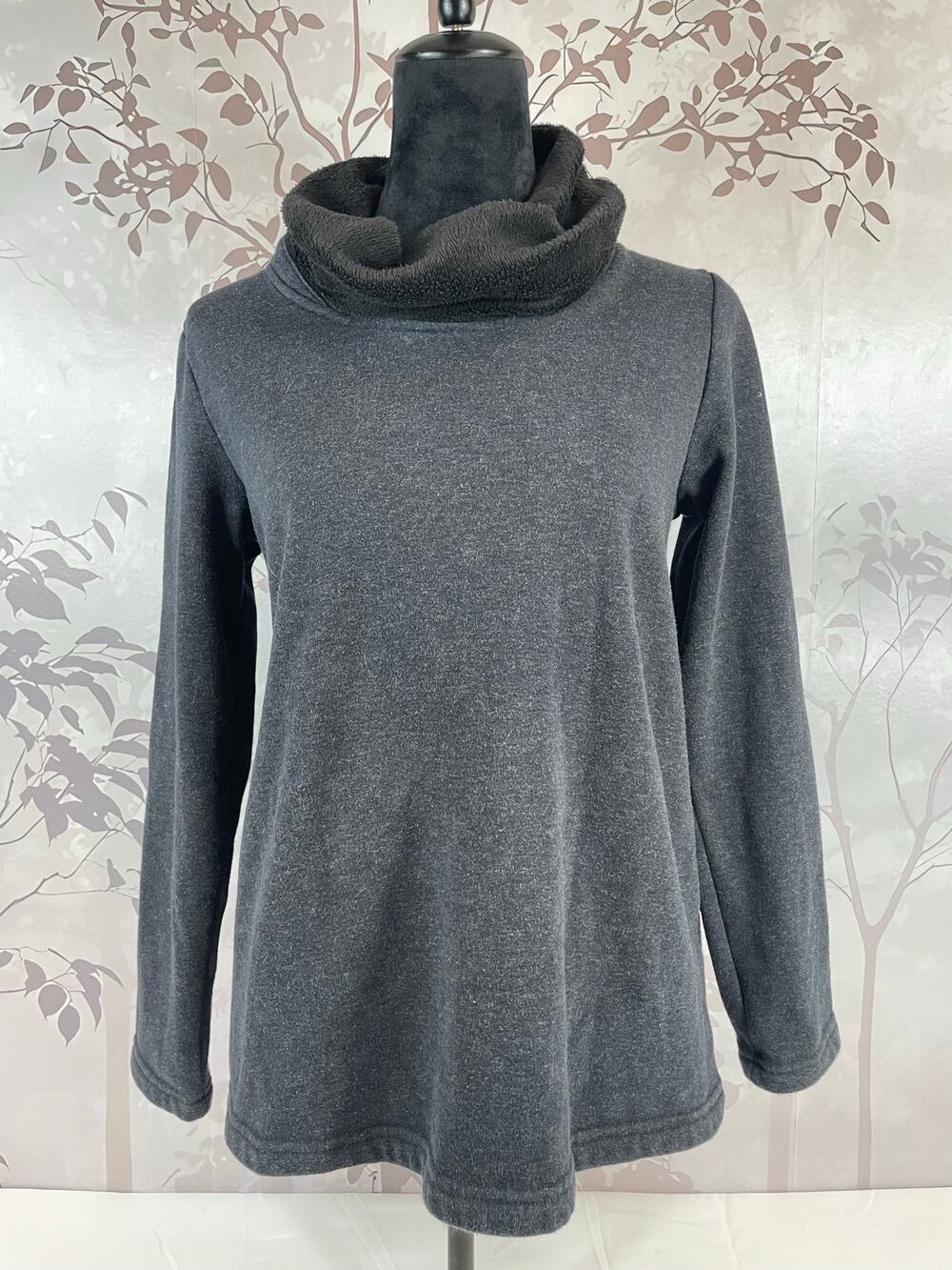 Lands' End Cowl Neck Fleece Tunic Pullover Sweatshirt Charcoal Grey XS Cozy